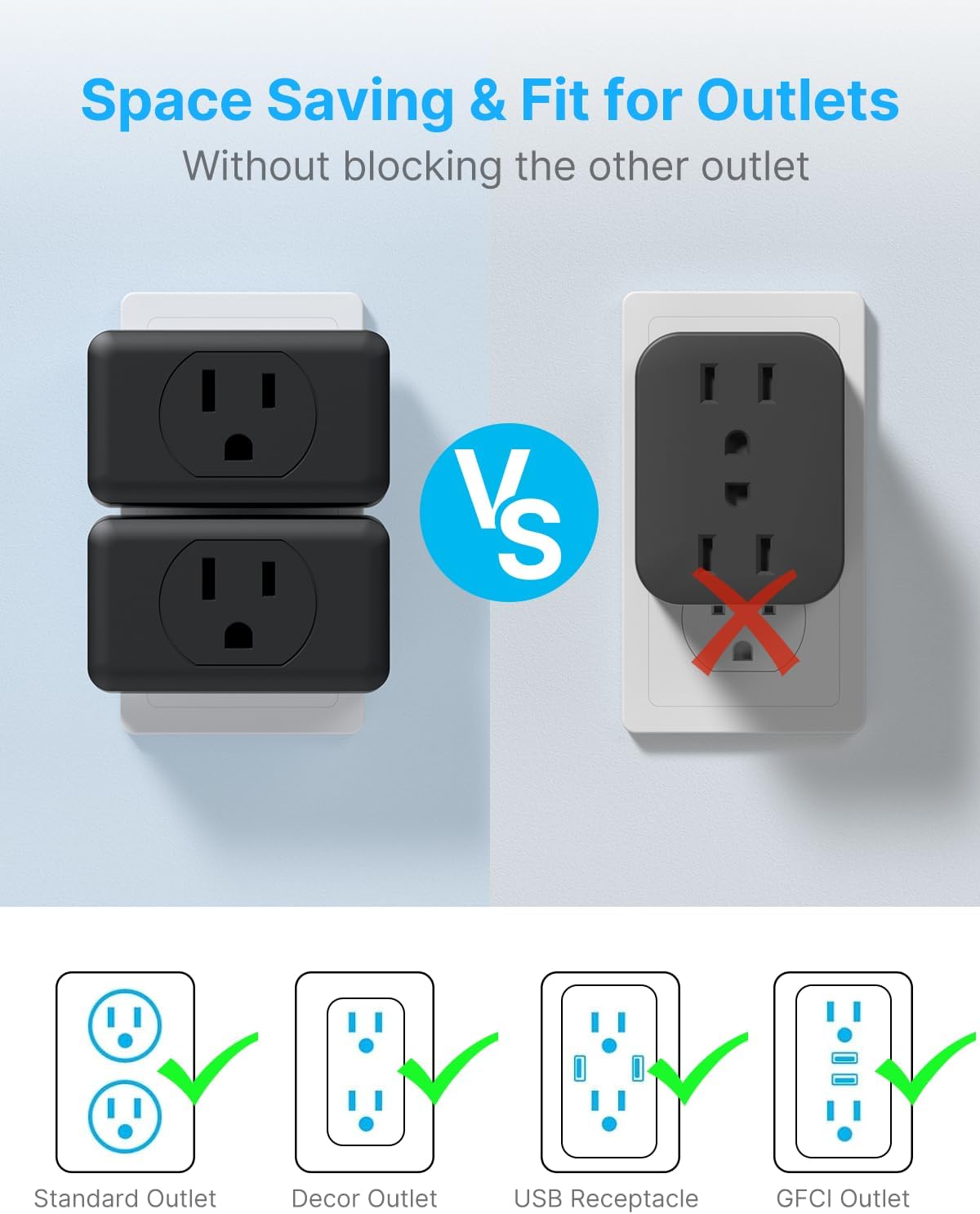 VINTAR 3 Pack Multi Plug Outlet Extender, Adapter, Splitter, Black, Type A, 125V, 15A, ETL Certified