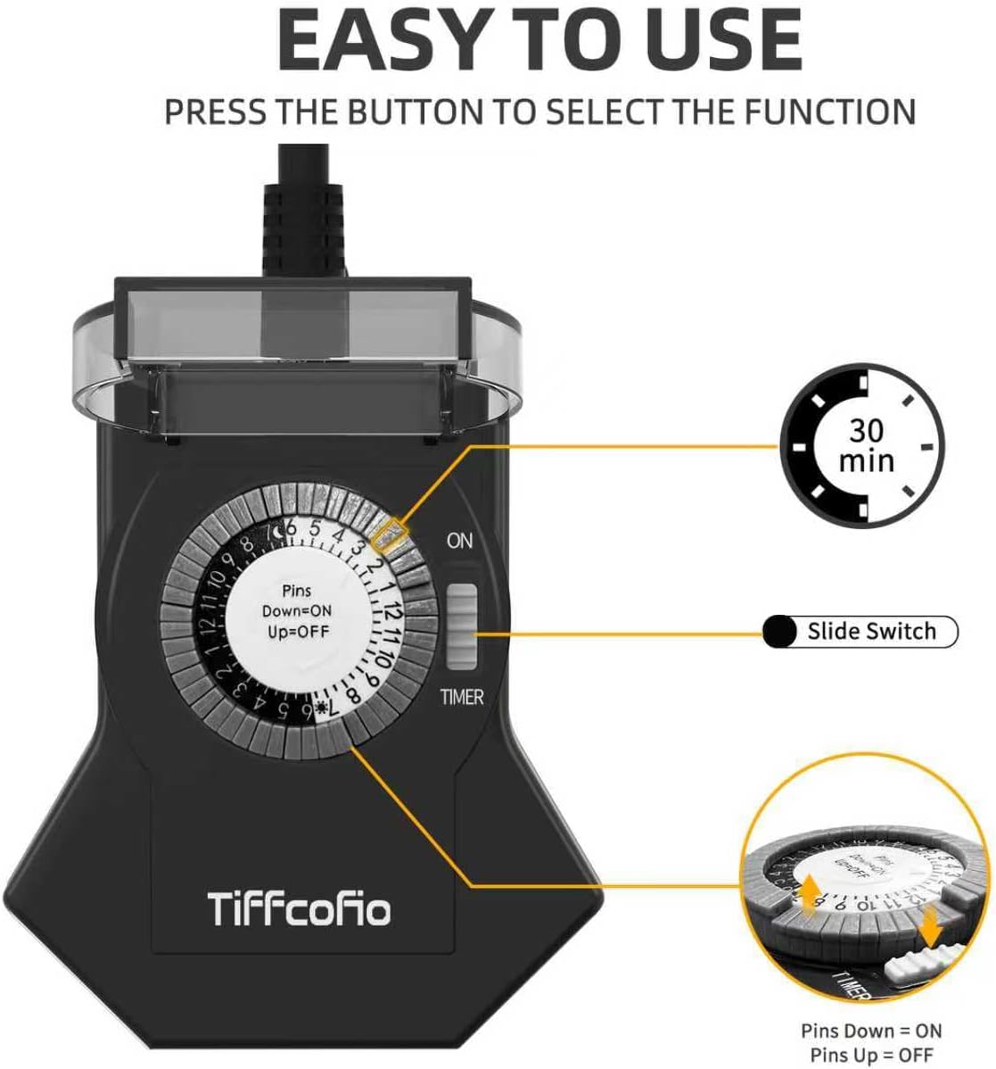 Outdoor Timer Outlet Waterproof, 24 Hour Mechanical Light Timer Outdoor, 2 Grounded Outlets for Home and Garden, 15A 1/2HP, Heavy Duty, ETL Listed (2 Packs)