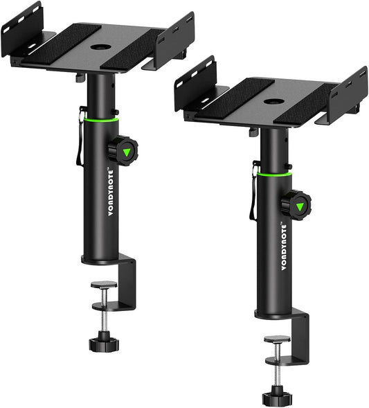 Set of 2 Dual Side Clamping Studio Monitor Stands Short Desktop Clamp Speaker Stands Height Adjustable Extendable Top Plate Mounted by Screws