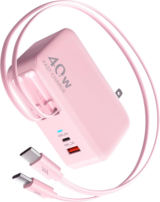 Retractable USB C Charger Wall Plug with Dual 35.5in/90cm Type C Cables Cords,40W Fast Charging Foldable Block Multi Charger for All Devices for iPhone 16/15/14/13/12/11,iPad,Galaxy,Pixel
