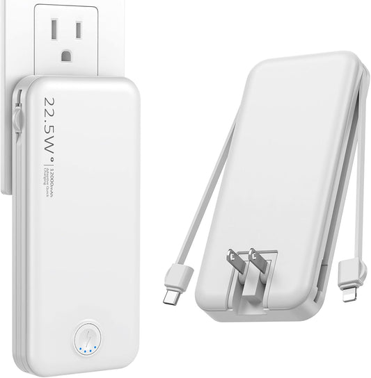 Portable Charger with Built in Cable and AC Wall Plug, USB C Power Bank 12000mAh 22.5W Super Fast Charging, Lightweight Portable Phone Charger Travel Battery Pack for iPhone, ect