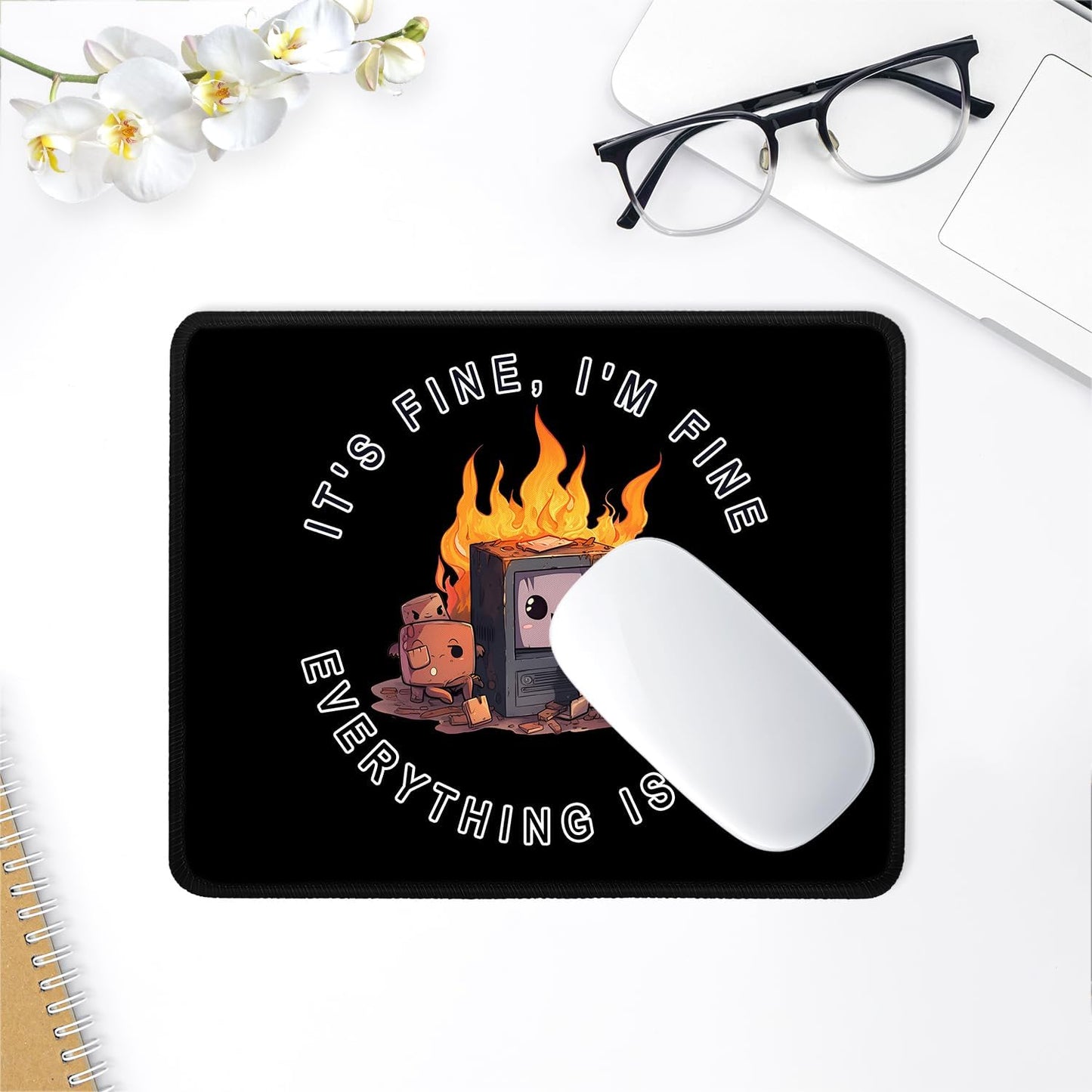 ITNRSIIET Mouse Pad with Stitched Edge Premium Textured Smooth Precise Operation Waterproof Washable Non-Slip Rubber Base Desktop Protection Mat, 10.2×8.3×0.12 inches, Funny Burning Box