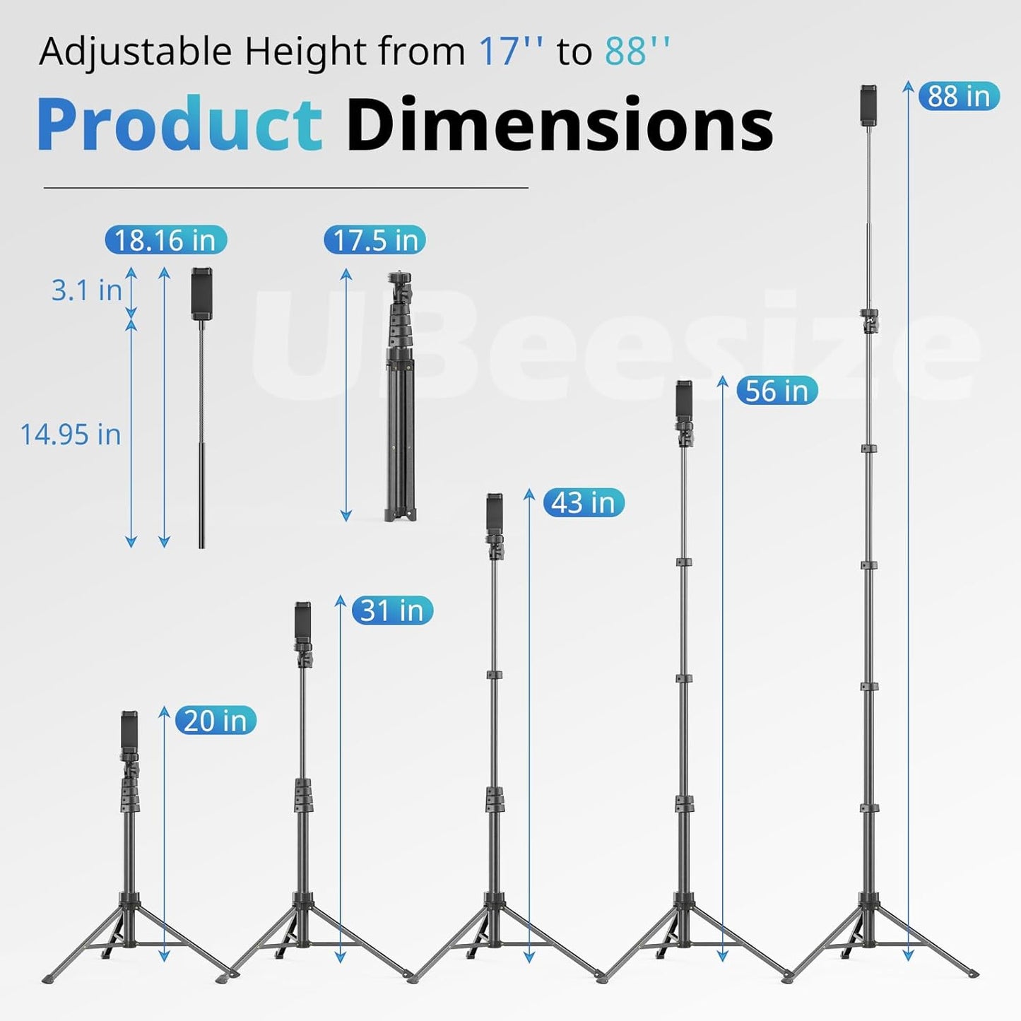 UBeesize 88’’ Flexible Phone Tripod with 14.95’’ Gooseneck, Remote and Phone Holder, Overhead Cell Phone Stand＆Selfie Stick for Video Recording, Compatible with iPhone Android Phone, Camera Black