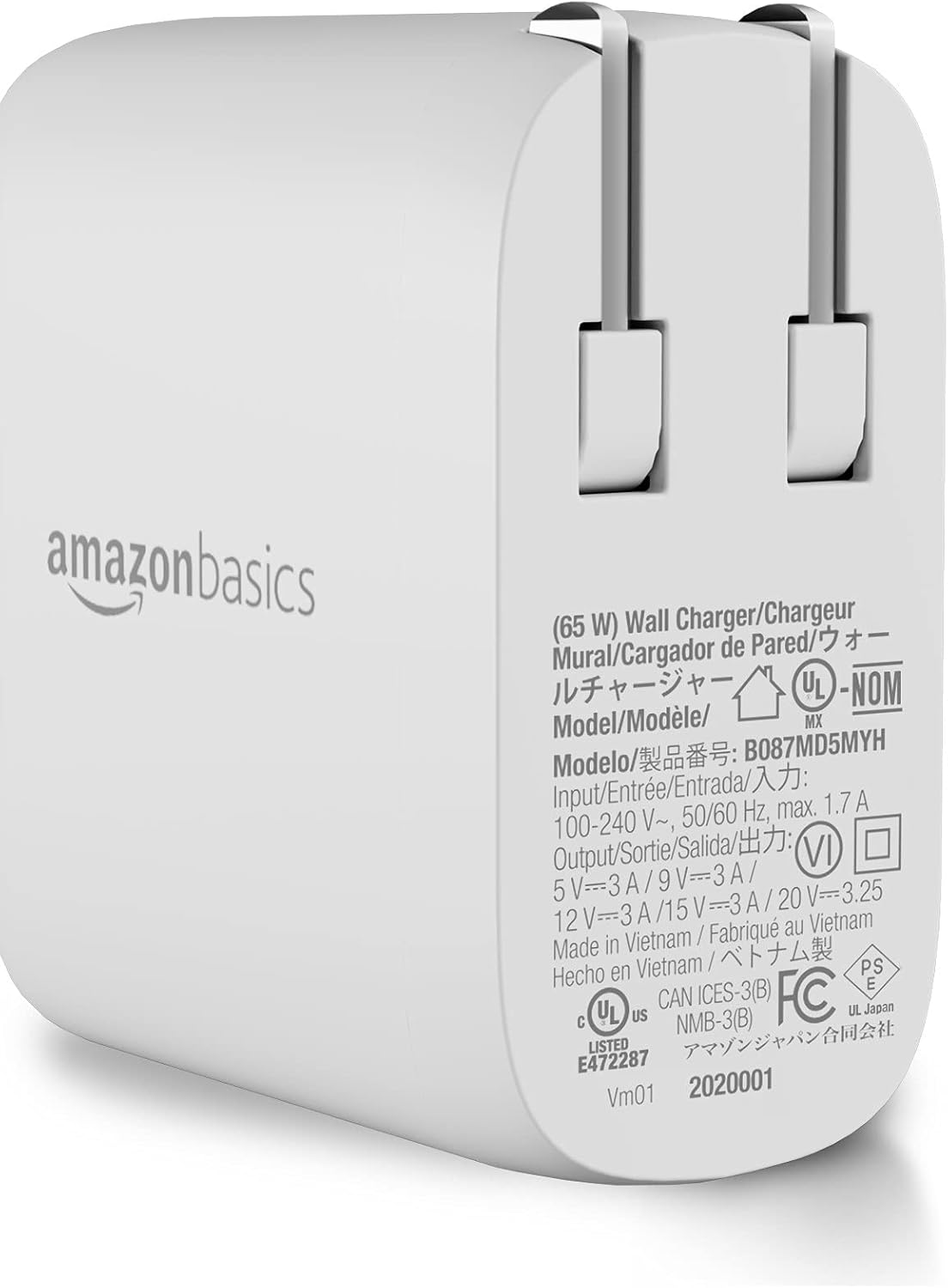 Amazon Basics 65W One-Port GaN USB-C Wall Charger with Power Delivery PD, Foldable Plug, for Laptops, Tablets & Phones, White