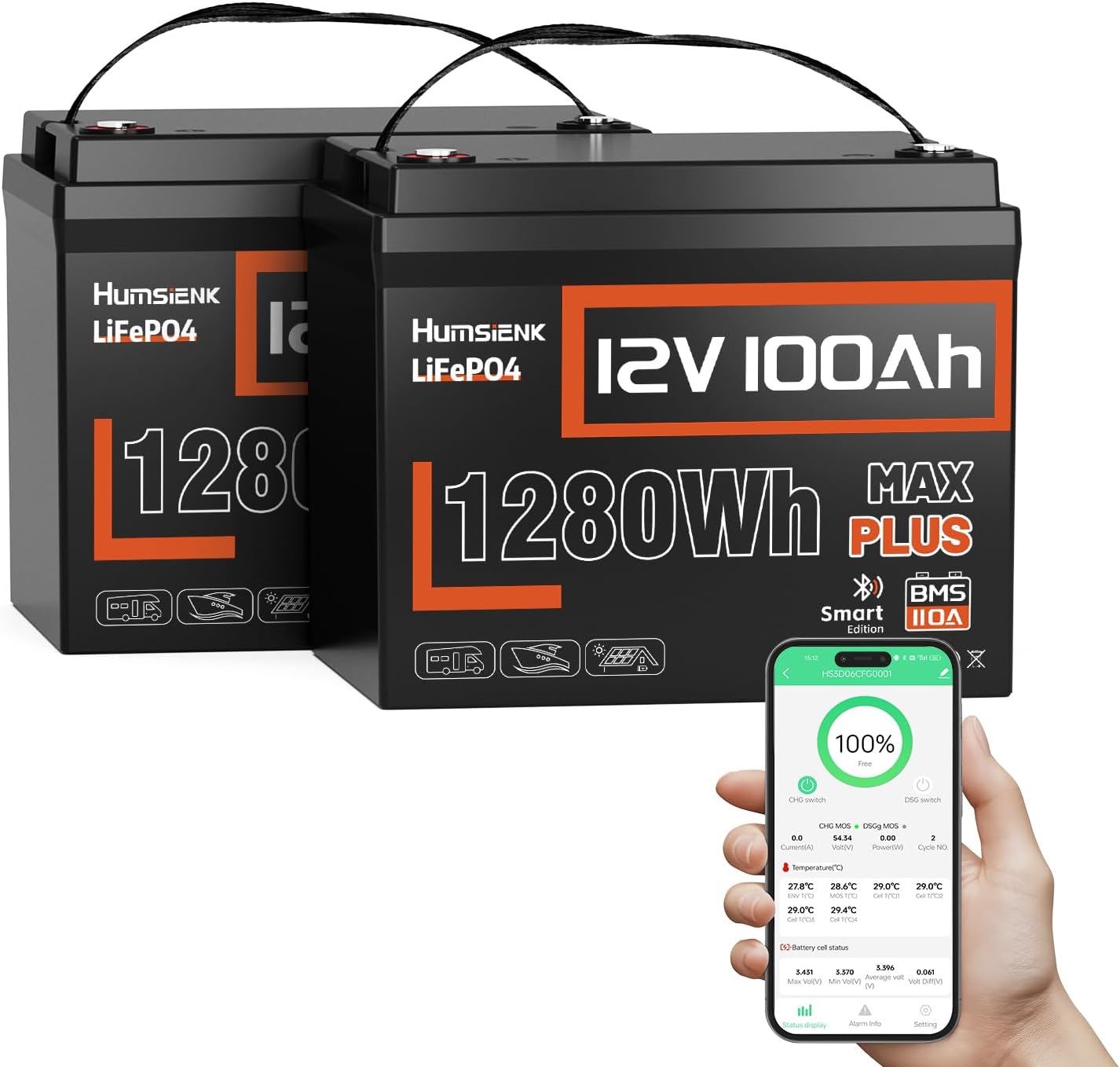 2PACK 12V 100Ah LiFePO4 Lithium Battery MAX Bluetooth 5.0 IP67, 15000+ Deep Cycles Lithium Battery, Built-in 110A BMS for RVs Marine Trolling Motors