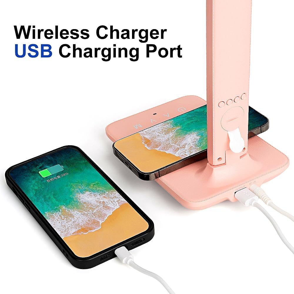 Multifunctional LED Desk Lamp with Wireless Charger,USB Charging Port,Clock,Phone Holder,Desk Lamps for Home Office,Eye-Caring Reading Lamp,Study Lamp for Boys,Girls,Teens,Pink