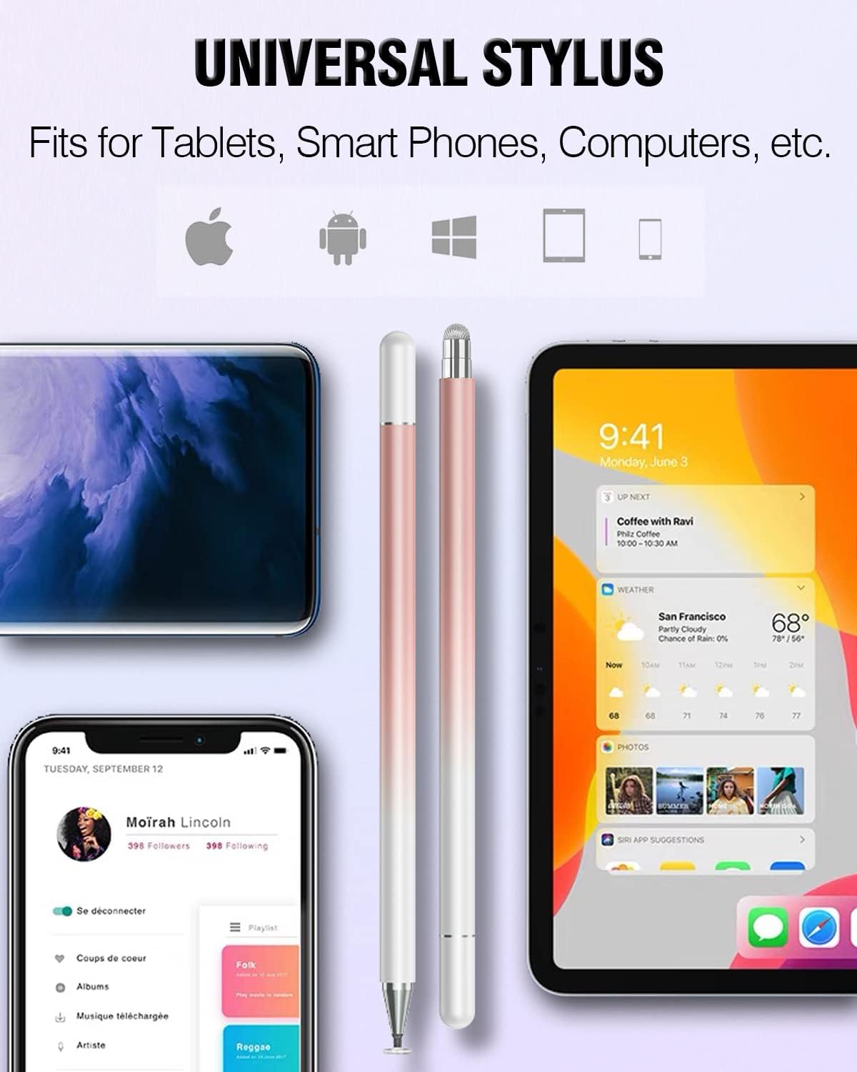 Stylus Pens for Touch Screens, 2 in 1 High Precision Universal Stylus Pen for iPad Compatible with Apple, iPhone, iPad, Android, Samsung Tablets, Phones, 3 Pack-Black,Gold,White