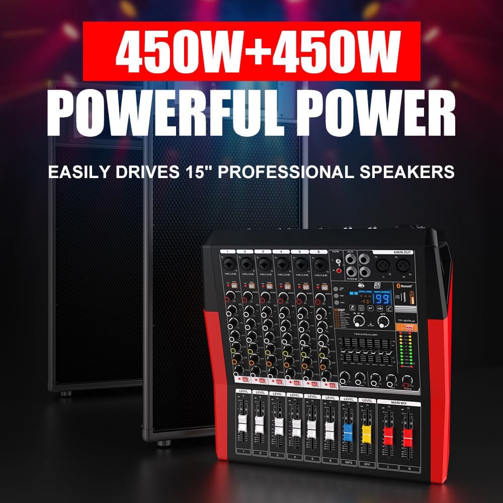 TF600 6-Channel Professional Mixer with Bluetooth Sound Bar with Power Amplifier 2 * 450W Power Output Powered Mixer, 7-Stage Equalizer, 99 DSP Effects, Recording Input USB Drive for Speakers