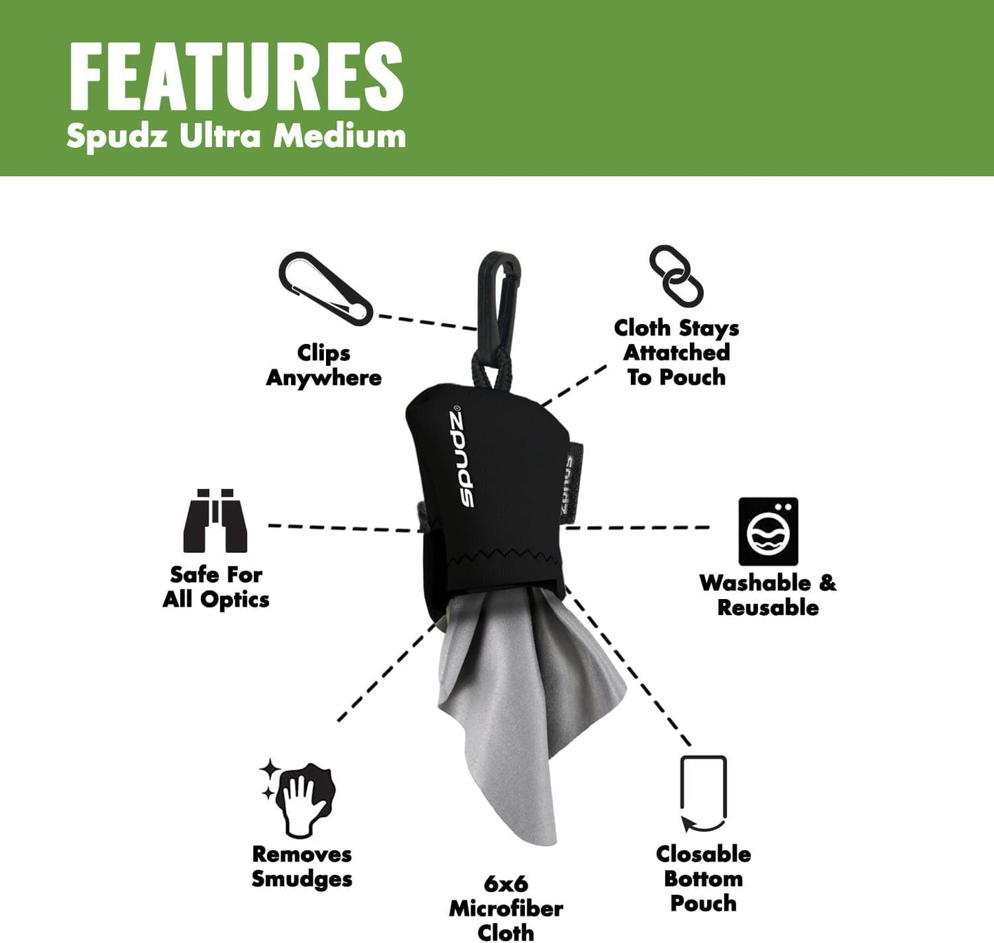 SPUDZ Ultra Microfiber Lens Cleaner – Closable Pouch, Clip-On, Washable – for Optics, Scopes, Glasses | Stealth Bronze, 6 x 6 Inch