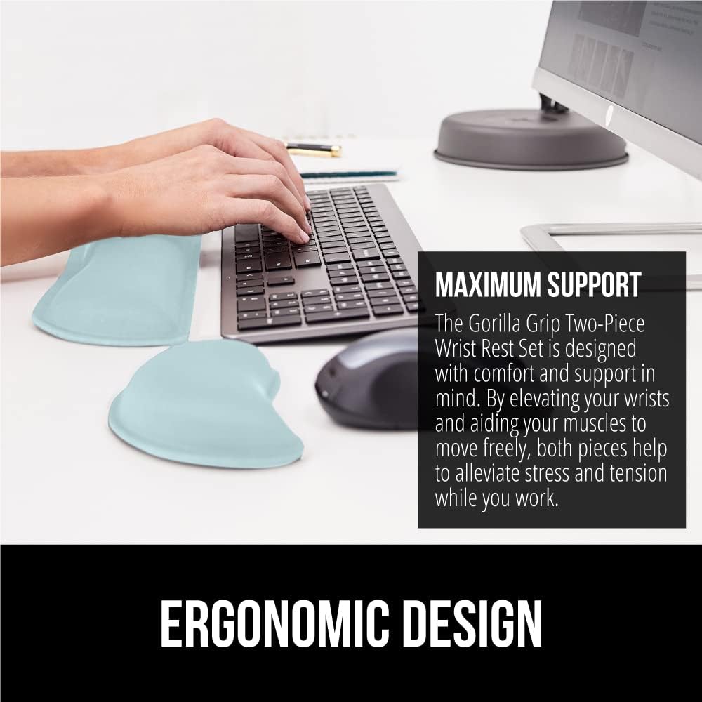 GORILLA GRIP Silky Gel Memory Foam Wrist Rest for Computer Keyboard, Mouse, Ergonomic Design for Typing Pain Relief, Desk Pads Support Hand, Arm, Mousepad Rests, Stain Resistant, 2 Piece Pad Sky Blue