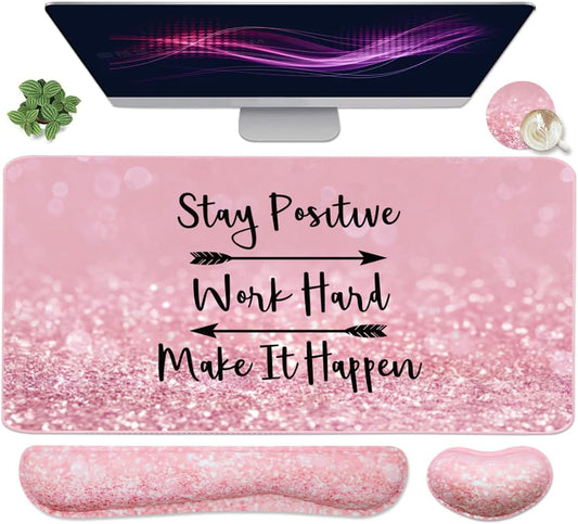 Large Mouse Pad and Keyboard Wrist Rest, Desk Pad for Keyboard and Mouse, 4-in-1 Large Gaming Mouse Pad with Wrist Support, Desk Mat for Home Office Study Game-Pink Stay Positive