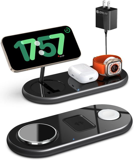 2025 Upgraded 3 in 1 Charging Station for Apple Devices, Fast Magnetic Mag-Safe Wireless Charger Stand for iPhone 16/15/14/13/12 Series & Apple Watch 1-10/Ultra & AirPods Pro (Black)