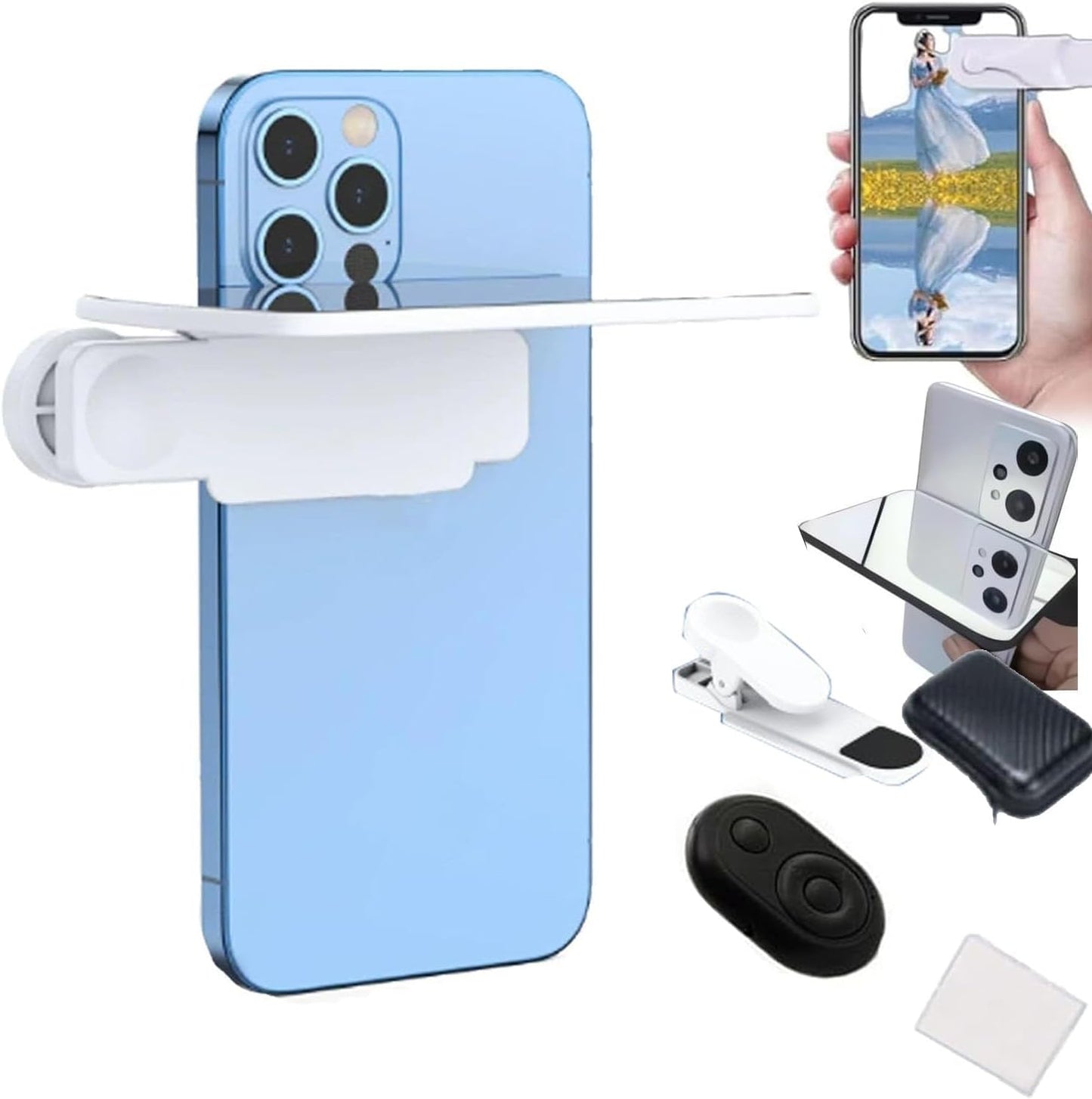 Mirror Effect Lens - Capture Stunning Reflections Instantly,Camera Mirror Reflection Clip for Back Camera Recording, Adjustable Hd Glass Phone Shooting Reflection Mirror (White-Control)