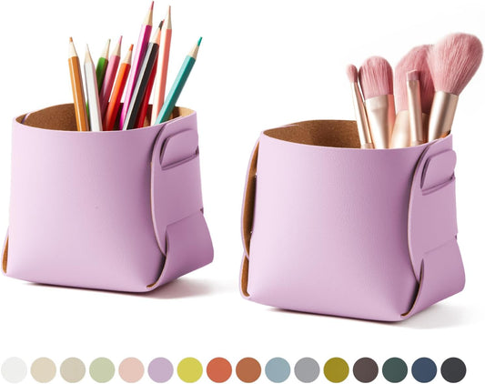 HOMIEAZICOZI 2-Pack Cork Leather Desk Accessories Storage - Pencil Pen Holder - Makeup Brush Holder Organizer - Stylish Addition to Home Decor (Purple)
