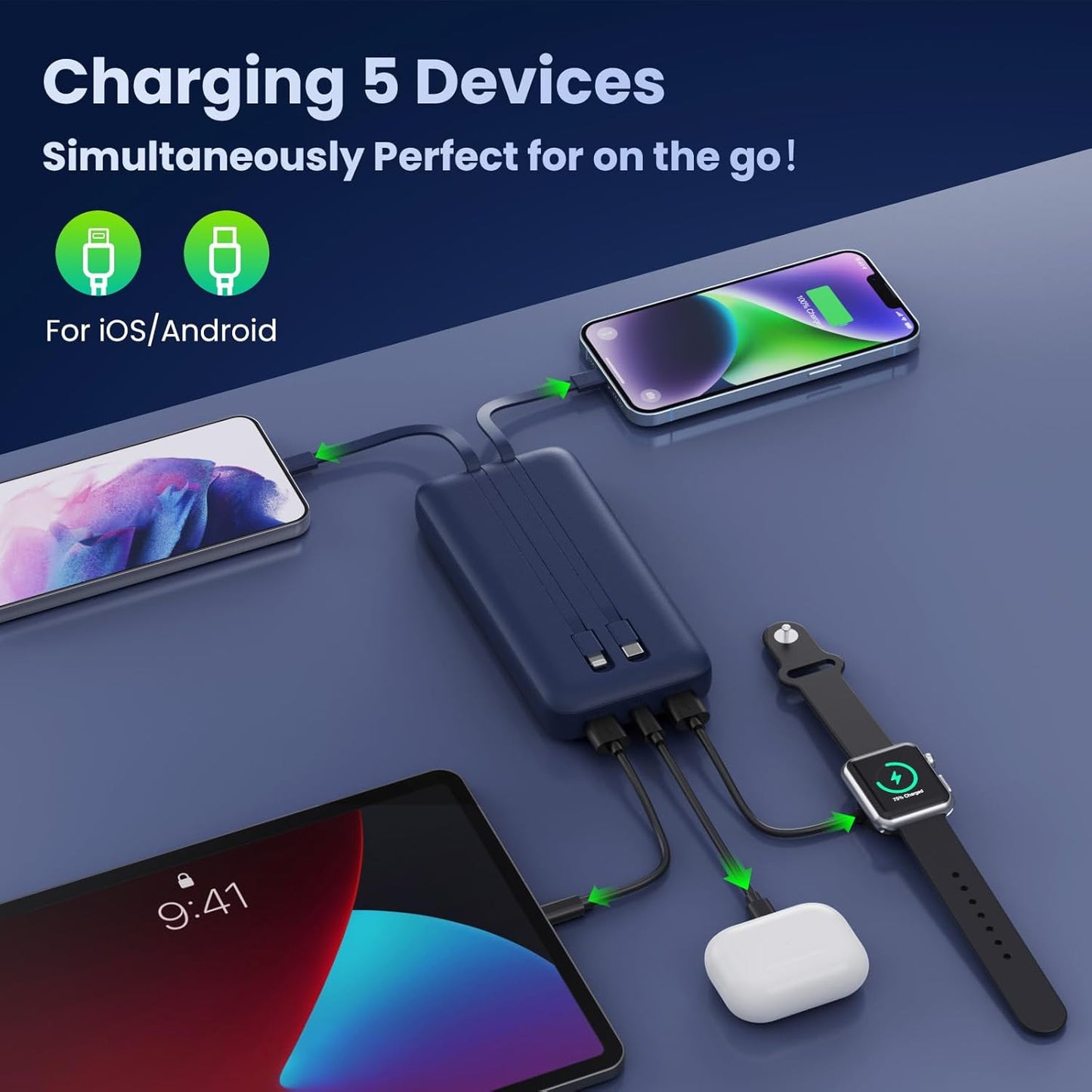 Portable Charger PowerBank 40,800mAh with 2 Built-in Cables,25W PD Fast Charging +QC 4.0 Quick Phone Charging Power Bank, 5 Outputs LCD Display USB C Battery Pack for iPhone 16/15 Android Galaxy etc