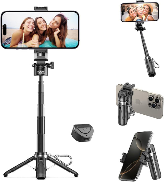Retractable Mini Tripod for Cell Phone, Portable Selfie Stick Travel Phone Tripod with Remote Control Cell Phone Holder, Sturdy & Stable Adjustable Multi-Angle Shot Selfie Stick for Video Recording