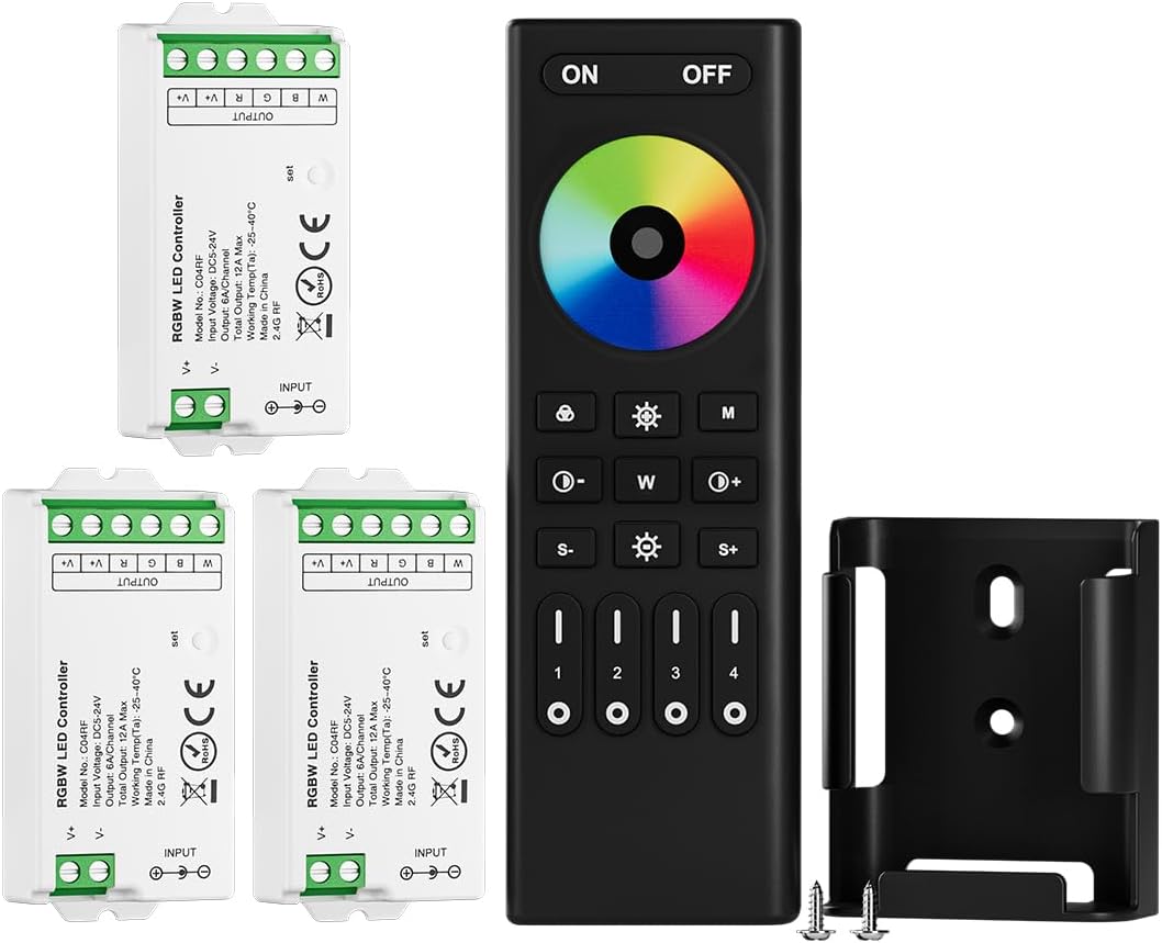 BTF-LIGHTING 2.4GHz Wireless RF Remote RC03RFB &3PCS C04RF Tuya Controller Kit 4 Zones Group Control 5050SMD FCOB COB PWM RGBW (+ R G B W) 5pin LED Strip DC5V DC12V DC24V
