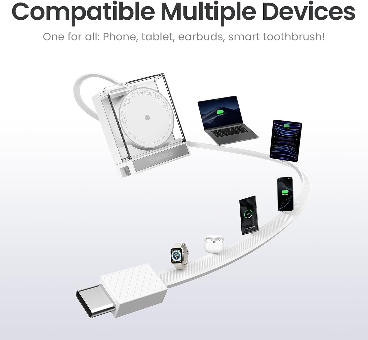 Retractable 65W USB C Charger, GaN Power Wall Charger with Retractable Cable, 2 Devices PD Fast Charging for MacBook Pro/Air, iPhone 16,Pixel Book, iPad Pro (White)