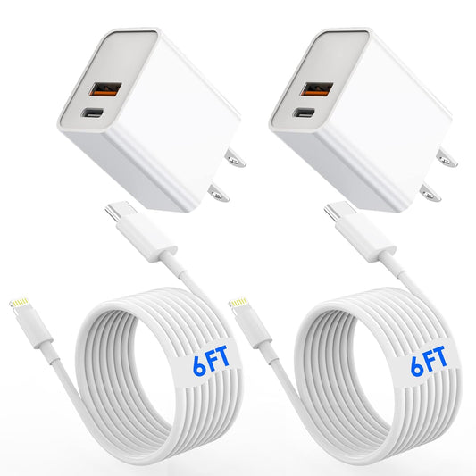 iPhone Fast Charger,[MFi Certified]2Packs 20W Dual Port PD/QC3.0 USB C Wall Charger with 6FT USB C to Lightning Cable Data Sync Cord For Apple iPhone 14 13 12 11 Pro Max X Xr Xs Max 8Plus, AirPods Pro