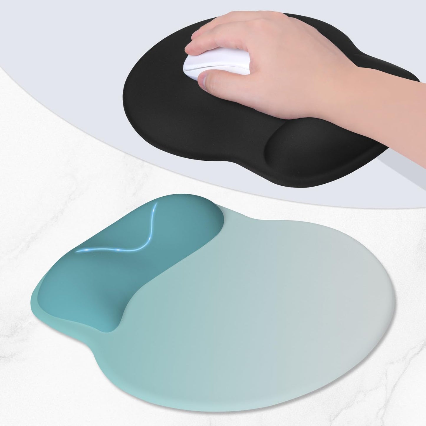 ITNRSIIET Ergonomic Mouse Pad with Wider Memory Foam Wrist Rest +17%, Curved Cushion Reduces Pressure 20%, Pain Relief, Non-Slip, Smooth, Cute Color Desk Accessory, 9.85 x 9 inch, Light Green Gradient