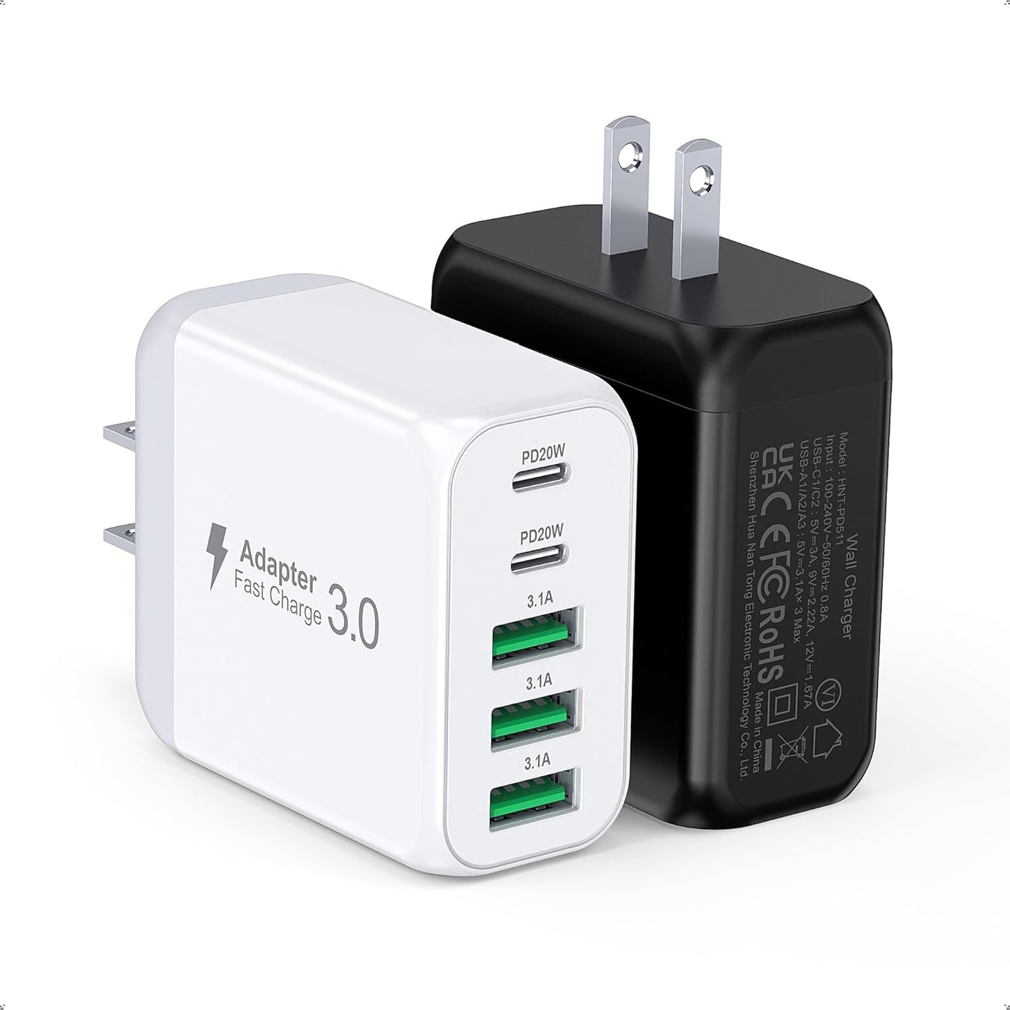 50W USB C Wall Charger Block, 2Pack 5-Port C Charger Fast Charging Block PD Power Adapter+QC 3.0 Multiport Type C Box Brick Cube USB A Wall Plug for iPhone 16/15/14 Pro Max Plus, iPad,Galaxy S24/S23