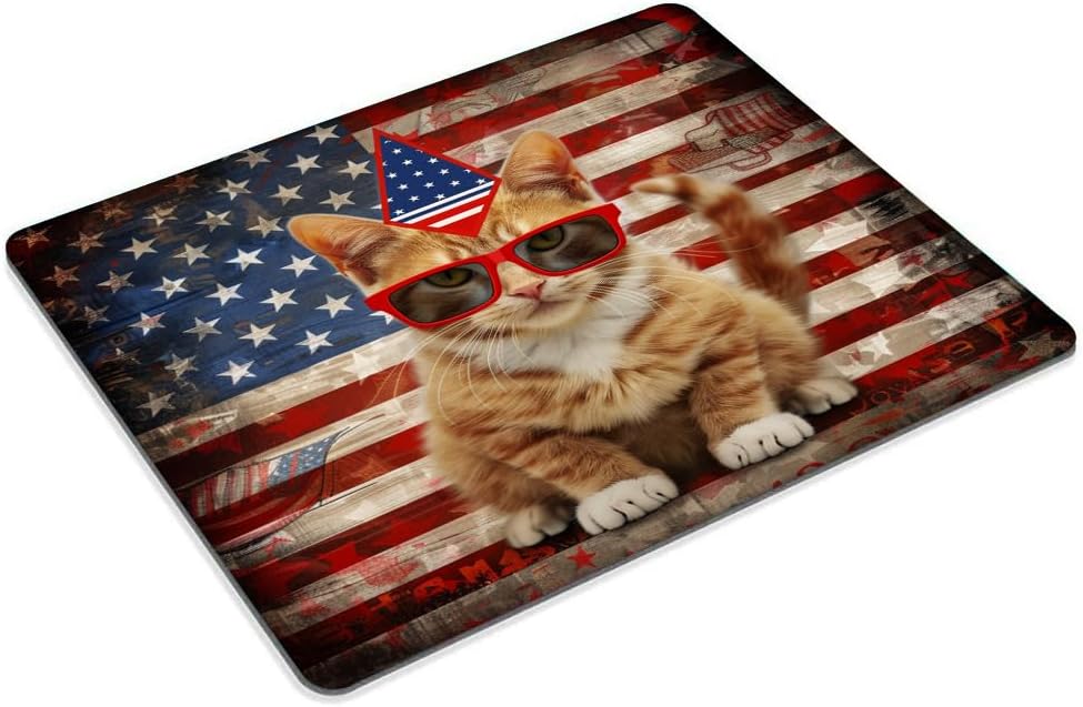 Square Mouse Pad Cat with Patriotic Hat and Glasses Flag-1,Gaming Mouse Pads for Desk,Soft Computer Waterproof Non-Slip Mouse Mat