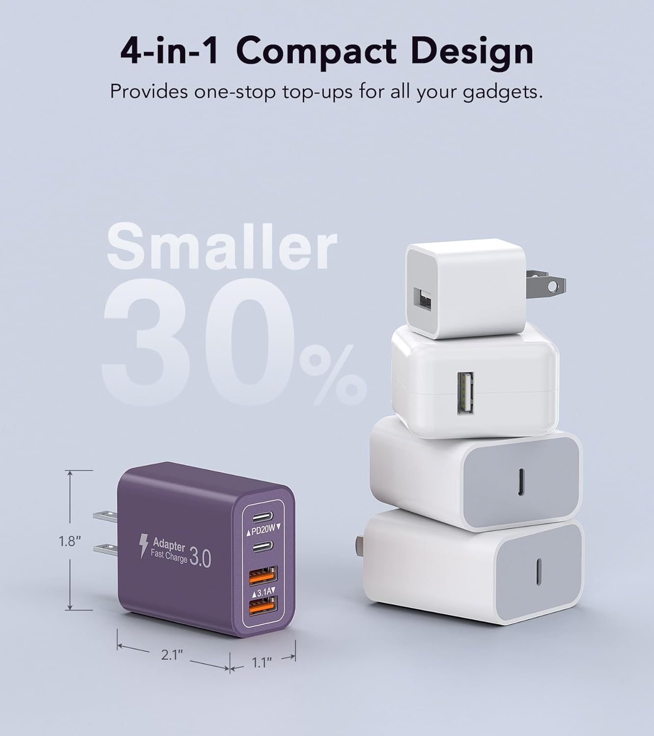 [2Pack] 40W USB C Plug,4-Port Fast Charger Block PD+QC 4 Port Charger Cube Wall Charging Box Brick for Samsung Galaxy S22/S21+/S21 Ultra,Magsafe Wireless Charger,iPhone 16/16 Pro Max/15/14/13(Purple)