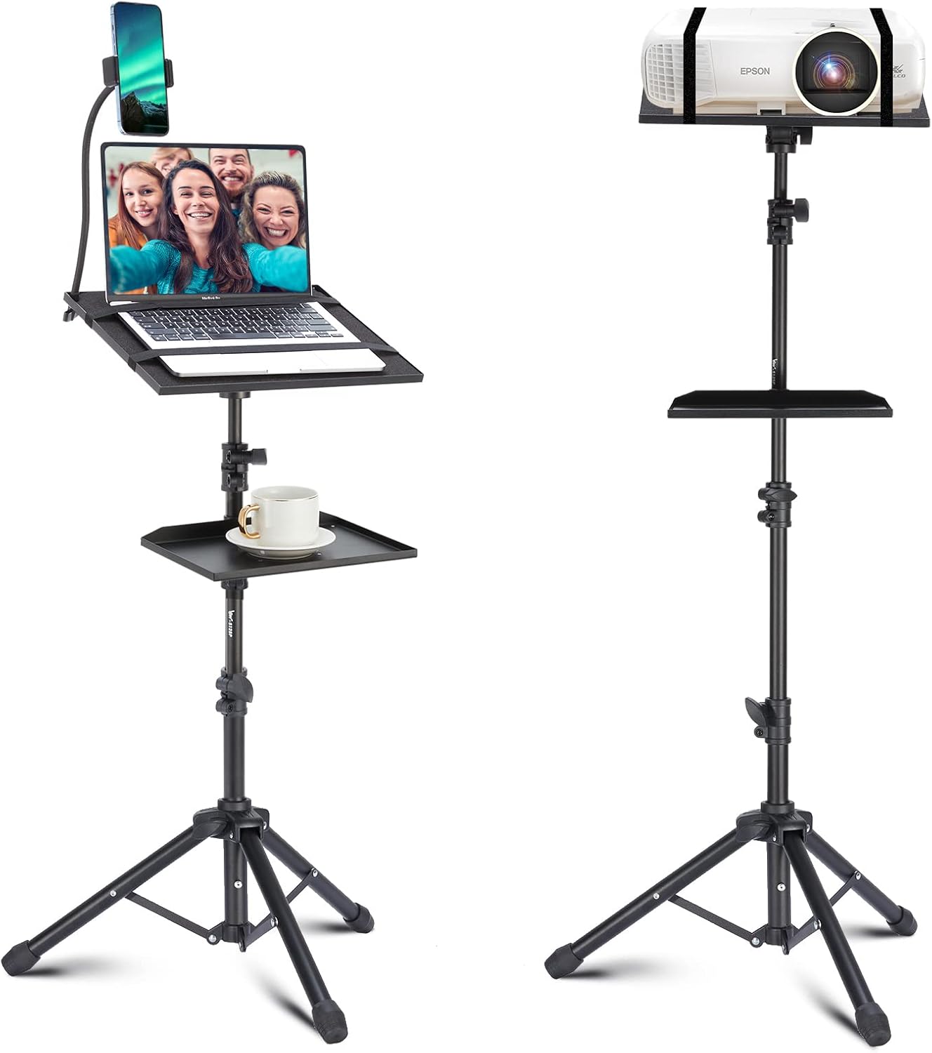 Lusweimi Projector Tripod Stand, 50” Laptop Stand with 2 Shelves for Projector, iPad, DJ Equipment, Portable Adjustable Floor Stand with Gooseneck Phone Holder for Office, Home, Stage or Studio