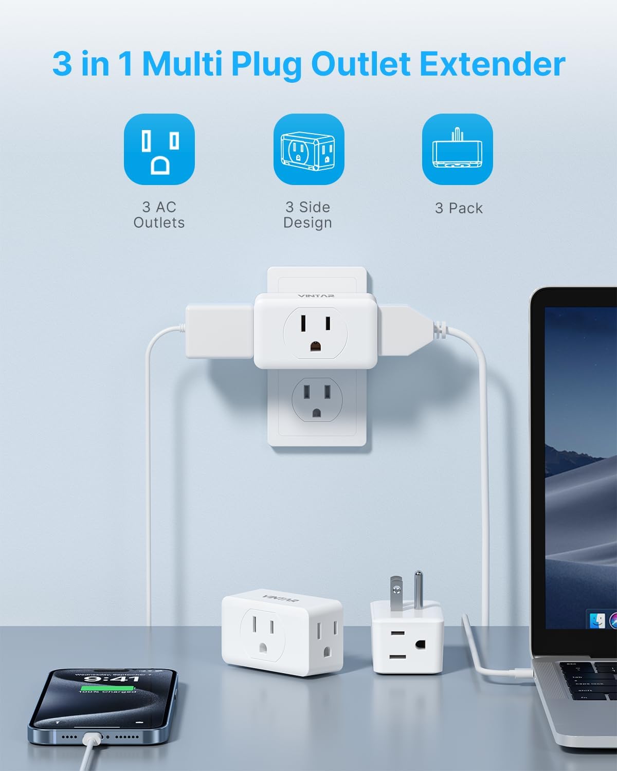 Multi Plug Wall Outlet Extender 2 Pack, VINTAR Electrical Multiple Outlet Splitter, 3 Way Plug Adapter, Small Wall Expander for Home Office Dorm Cruise Ship Travel Essentials