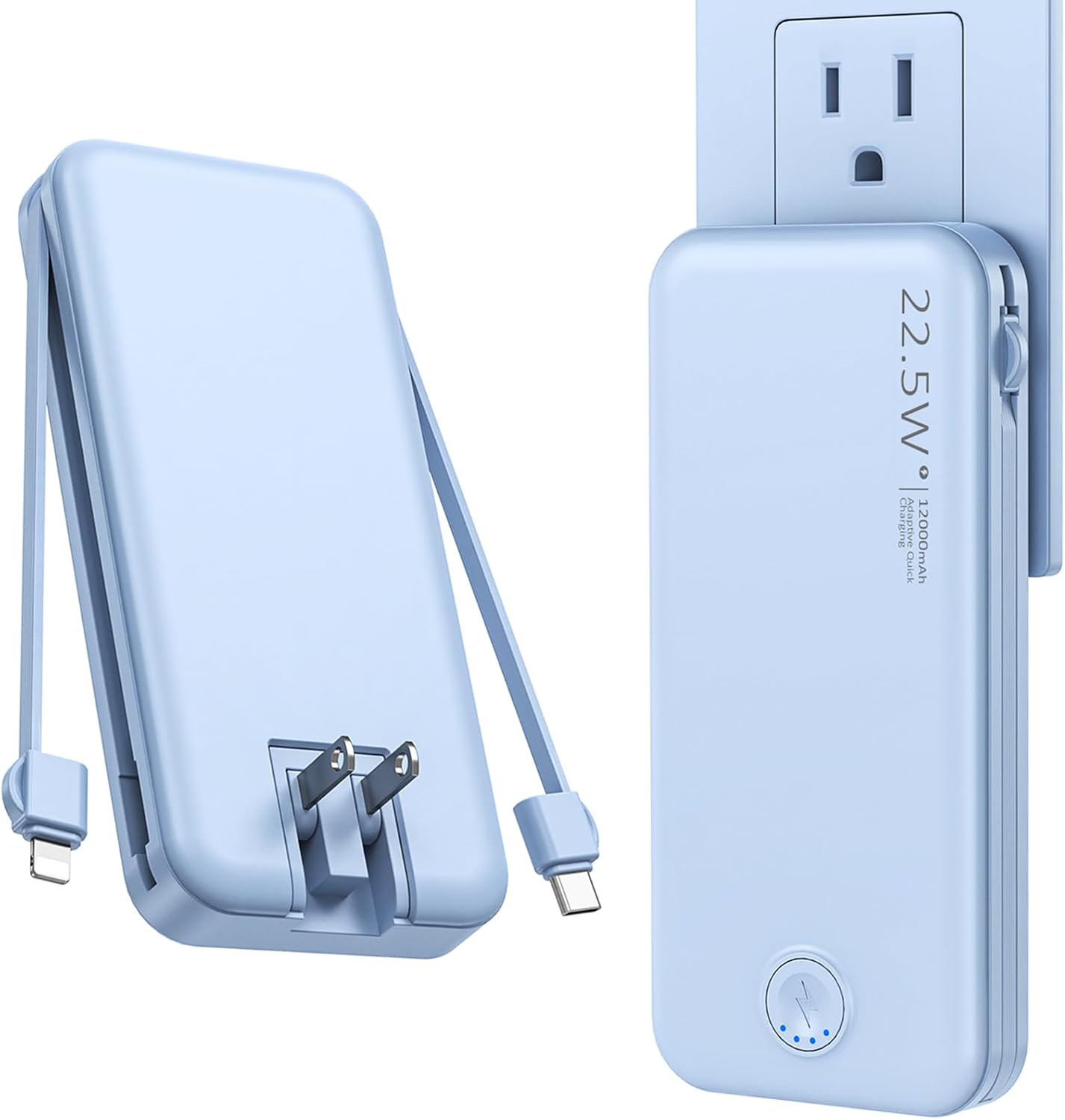 Portable Charger with Built in Cable and AC Wall Plug, USB C Power Bank 12000mAh 22.5W Super Fast Charging, Lightweight Portable Phone Charger Travel Battery Pack for iPhone, ect (Light Blue)