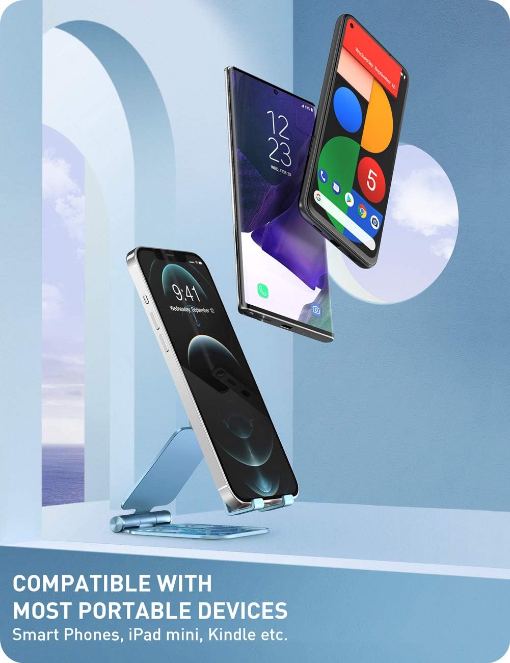 i-Blason Cell Phone Stand for Desk, Cell Phone Holder, Fits All Smart Phones, iPhone 16 15 14 13 Pro Max, Foldable Phone Stand Holder, Blue
