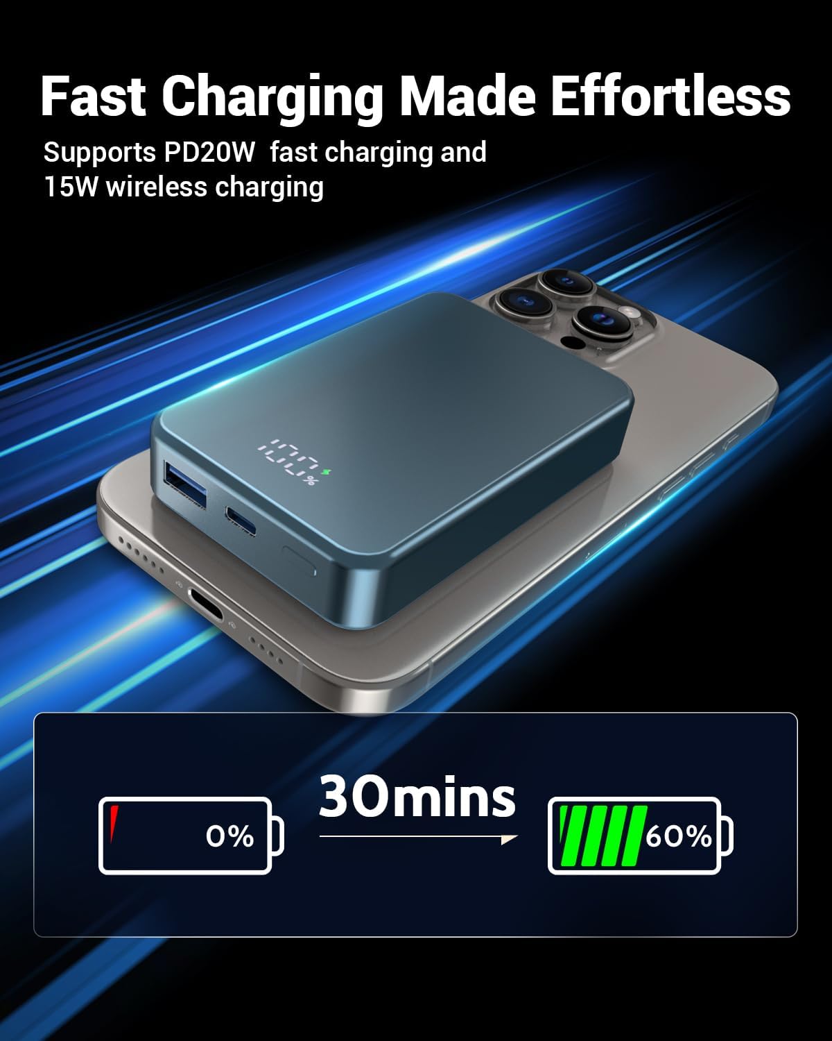 Magnetic Power Bank 26800mAh for Magsafe Portable Charger, Aluminum Alloy Large Capacity 20W USB-C in&Out Wireless Fast Charging for iPhone16 Plus Pro Max/15/14/13/12 Series, Blue