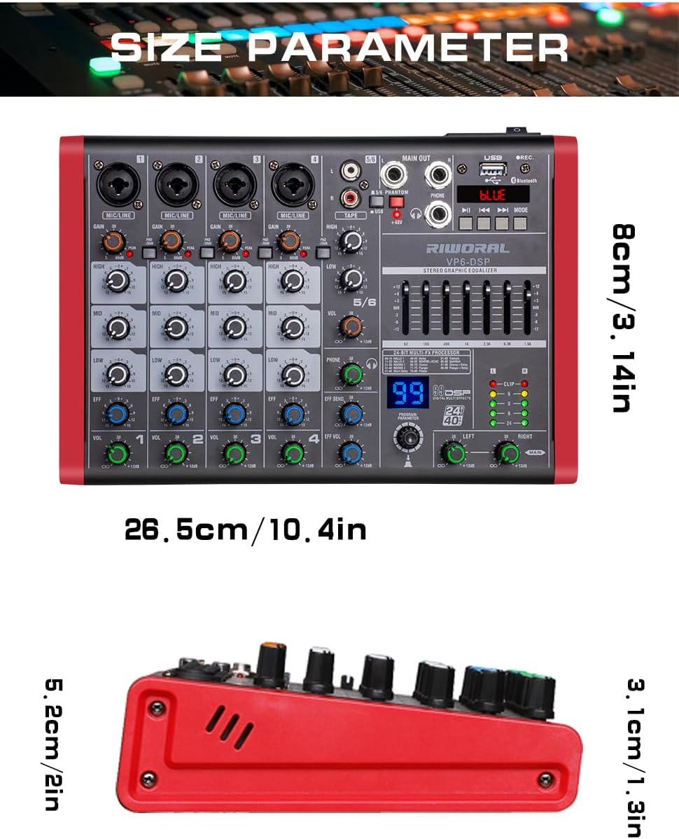 6 Channel Audio Interface DJ Mixer With 99 DSP Effects XLR 1/4 inch Jack USB Bluetooth Echo Delay Effect, Input 48V Phantom Power Stereo DJ Mixers for Recording, Live Streaming, Podcasting