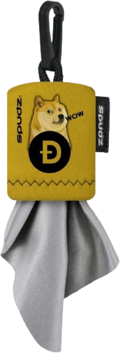SPUDZ Classic Microfiber Lens Cleaner – Clip-On Pouch, Washable – for Binoculars, Scopes, Glasses, Screens | Doge Coin, 6 x 6 Inch (2-Pack)