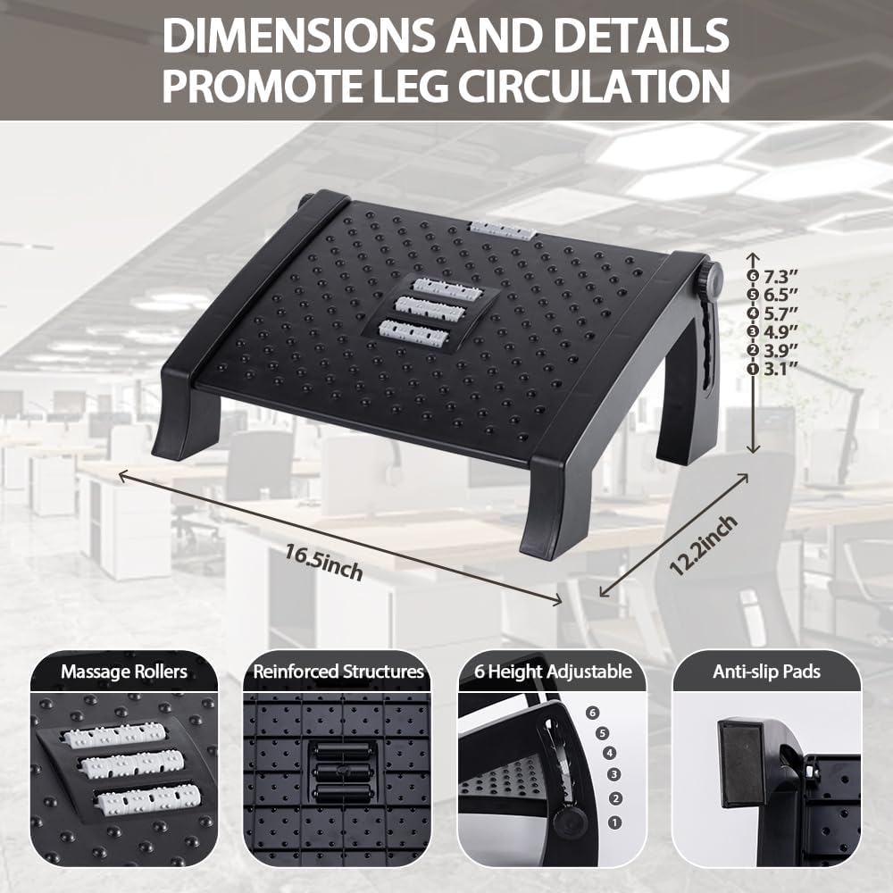Foot Rest, Six Heights Adjustable Foot Rest for Under Desk at Work, Ergonomic Foot Stool for Under Office Desks, Under Desk Footrest with Foot Massage Roller, Office Leg Rest (Classics)