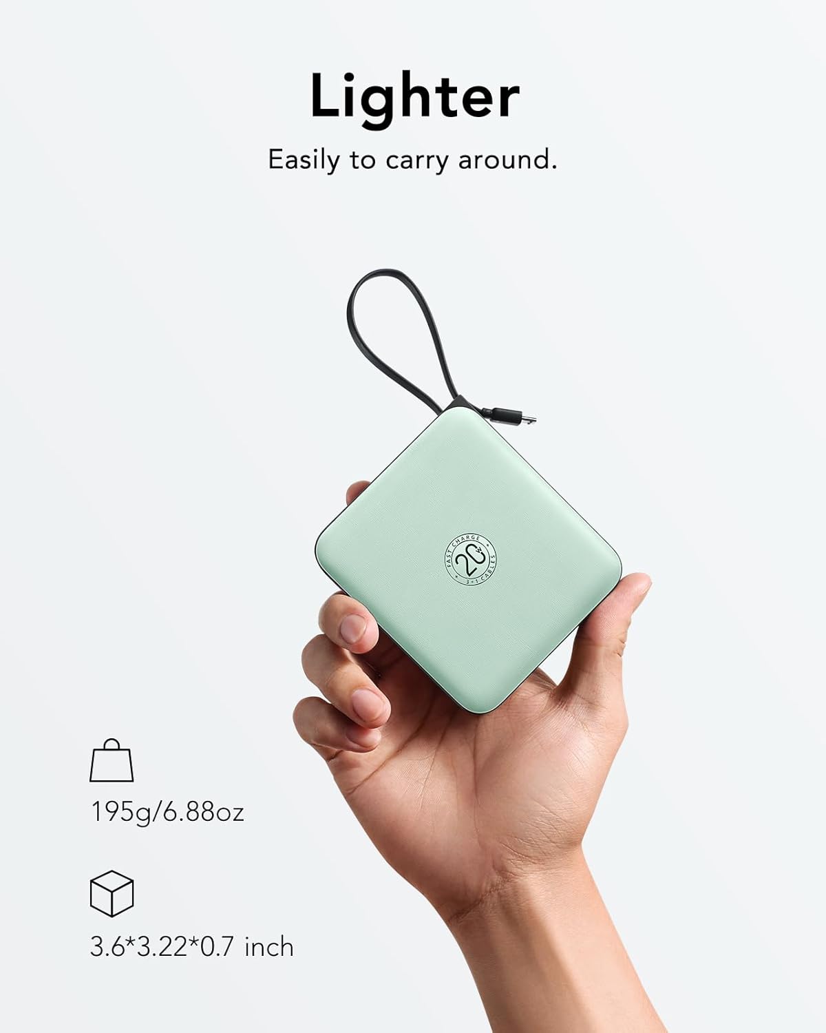 VRURC Portable Charger USB C, Power Bank with Built-in Cable, 10000mAh 20W Battery Pack for iPhone 16 15 14 Samsung Galaxy S23 S22 Google, Note 20, Pixel, Moto, LG Android Phone, Green(1 Pack)