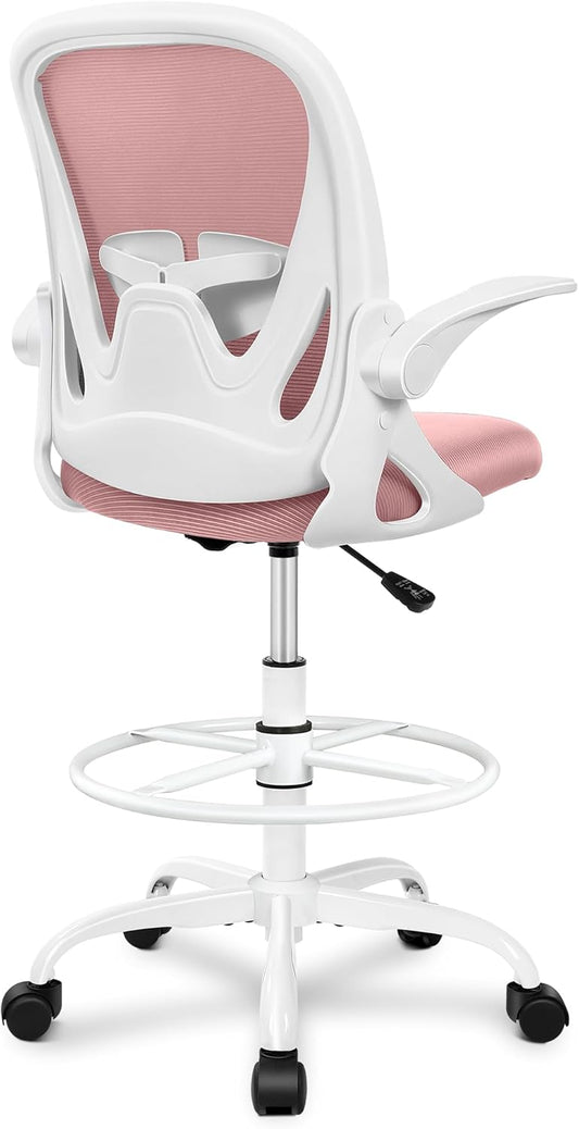Primy Drafting Chair Tall Office Chair with Flip-up Armrests Executive Ergonomic Computer Standing Desk Chair with Lumbar Support and Adjustable Footrest Ring (Rose Quartz)