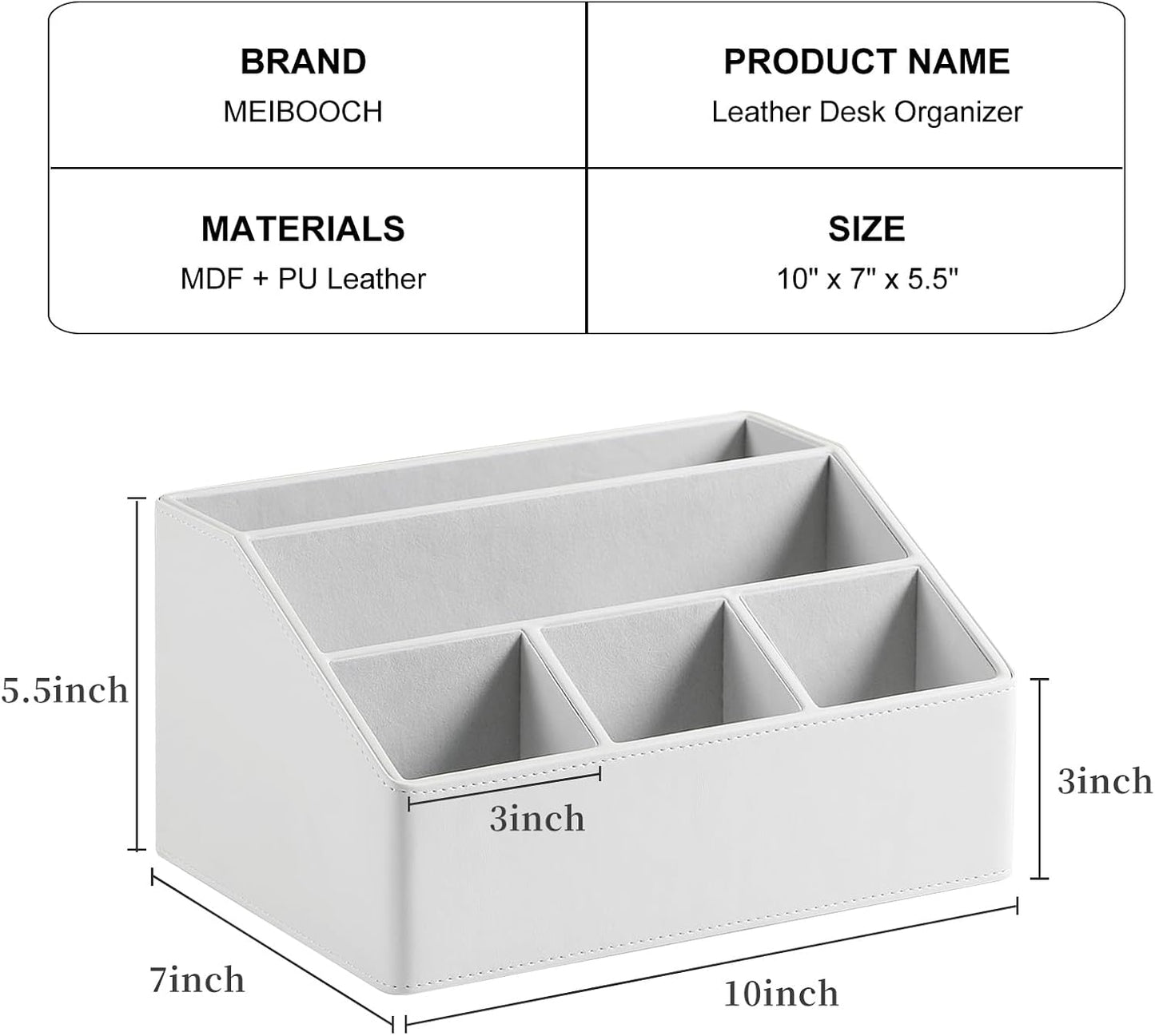 PU Leather Desk Organizer, Luxury Remote Control Holder for Home, Office Desk Accessories Table Caddy Bedside Nightstand Organizer (White)