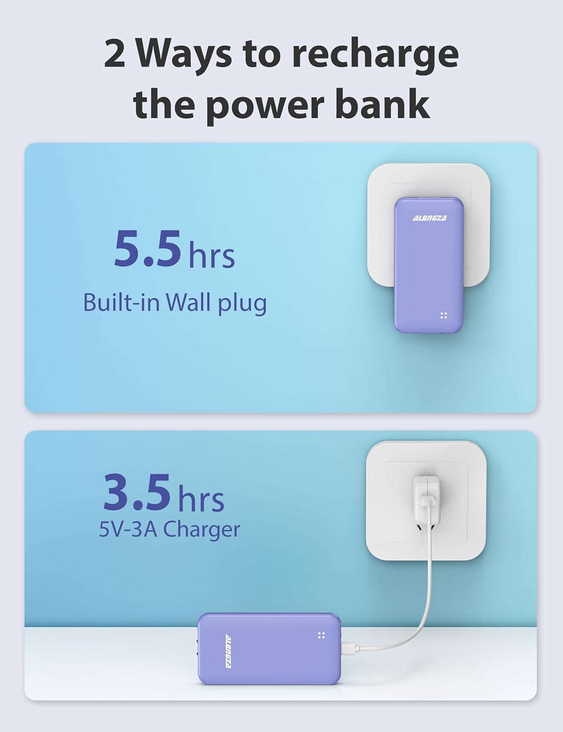 Alongza Portable Charger Built-in Cables and AC Wall Plug, Slim Fast Charging Power Bank 10000mAh, Lightweight USB C External Battery Pack Compact Travel Cell Phone Charger