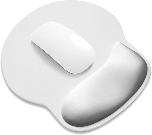 ITNRSIIET Ergonomic Mouse Pad with Wider Memory Foam Wrist Rest +17% - Curved Cushion Reduces Pressure 20%, Pain Relief, Non-Slip, Smooth, Cute Colors, 9.85 x 9 in, White