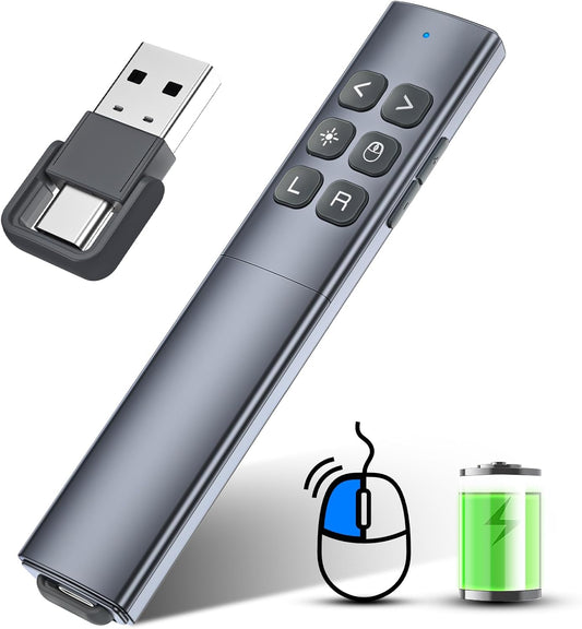 Presentation Clicker with Air Mouse - USB C Wireless Presenter Remote Clicker with Laser Pointer, RF 2.4GHz PowerPoint Clicker for Presentation, Computer Pointer Clicker Slide Advancer for Mac,Laptop