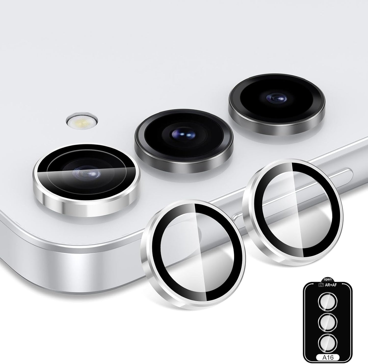 for Samsung Galaxy A16 Camera Lens Protector, Individual Metal Ring Tempered Glass Lens Cover, [Strong Adsorption] Scratch Resistant Ultra-Thin HD Clear Lens Cover, 1 Set-Slivery Ring