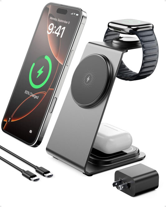 Intoval 3 in 1 Wireless Charging Station for Magsafe, Magnetic Charger for iPhone 16 15 14 13 12 Pro Max, Wireless Charger for Apple Watch 10 Ultra SE 9 8 7 6, for AirPods 4 Pro 2 3 (Grey)
