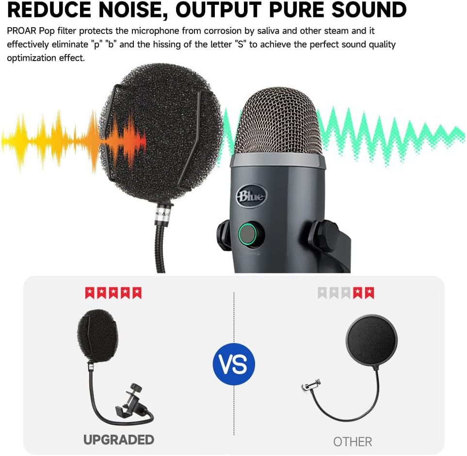 Pop Filter for Microphone - Sponge Layered Pop Wind Screen with Enhanced Flexible 360° Gooseneck