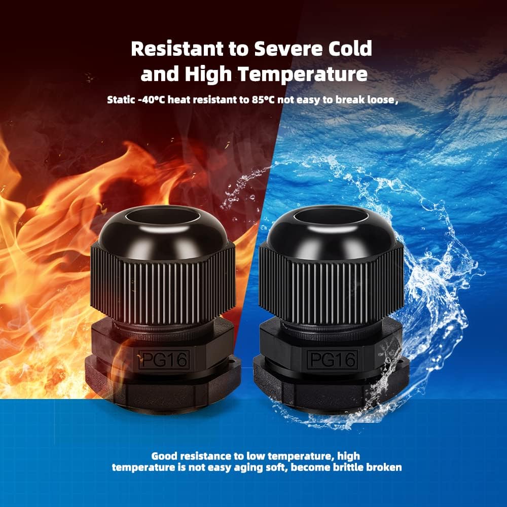 Cable Gland 20 Pack Plastic Waterproof Adjustable Connector 9-14mm PG16 Strain Relief Cord Connectors Joints Nylon with Gaskets