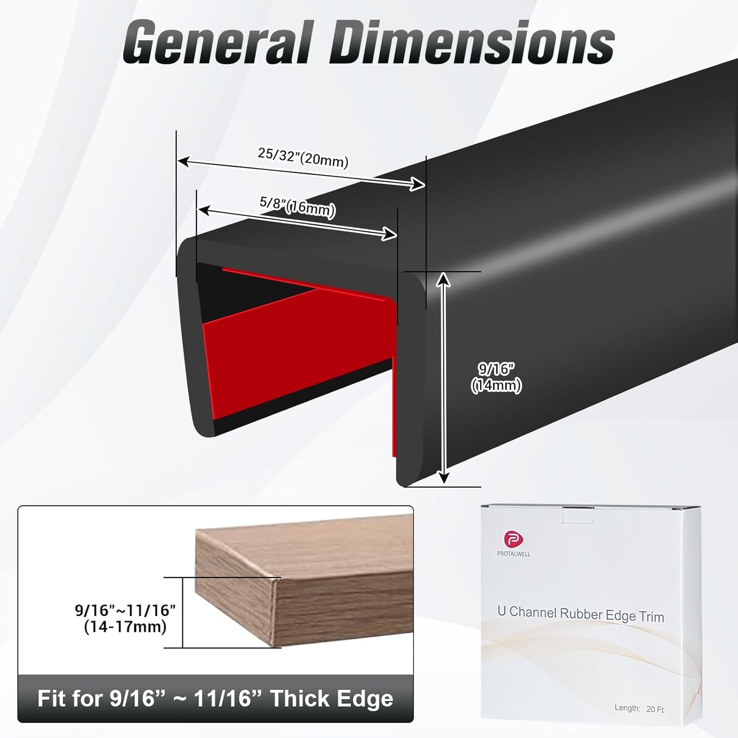 Rubber Edge Trim, Self Adhesive U Channel Edge Trim, Big Size U Shaped Trim, Edge Banding for Plywood, Woods, Shelf, Cabinet, Countertop, Fit for 5/8", Length 20Ft, Black