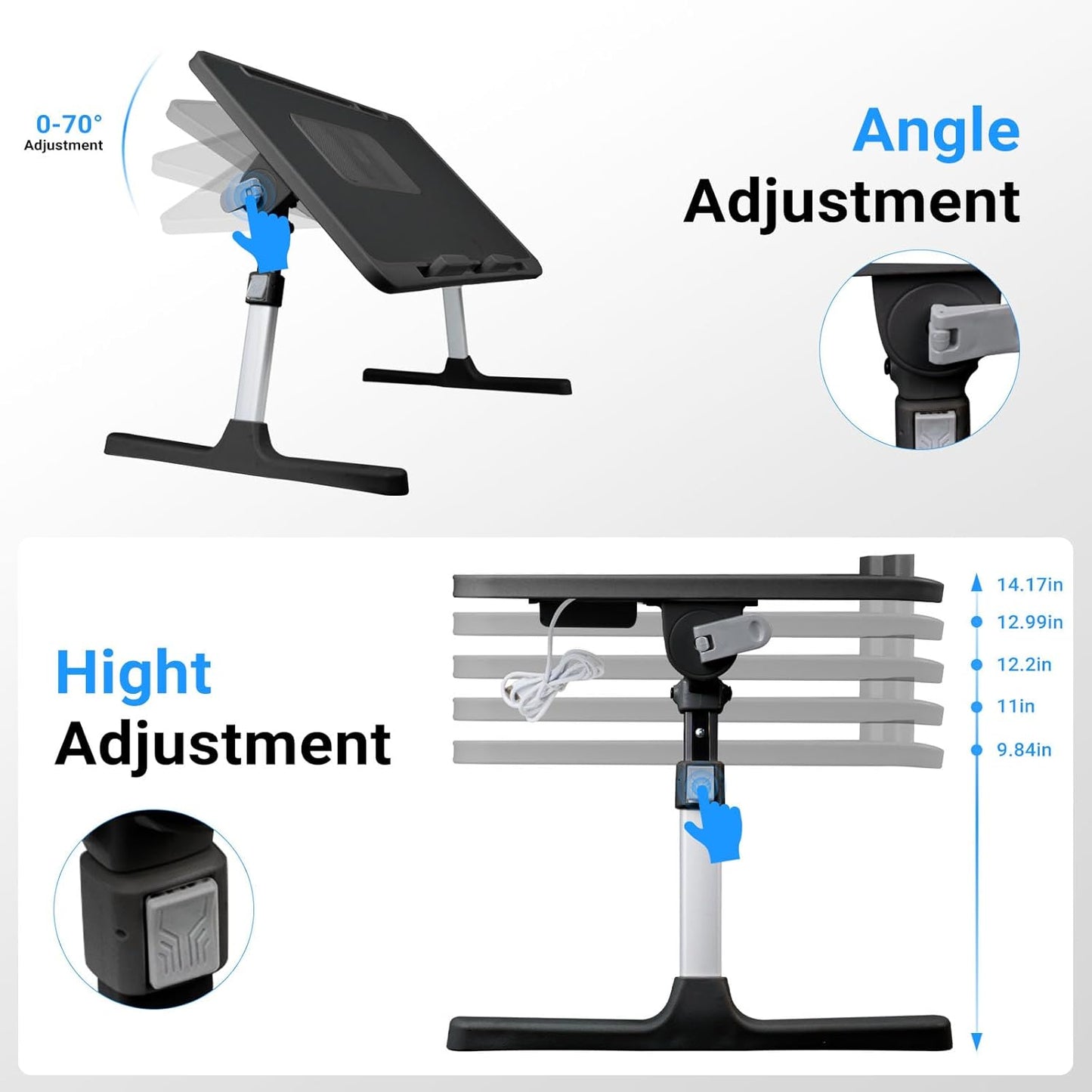 Laptop Lap Desk with Cooling Fan - Adjustable with Light, USB, Storage Drawer - Folding Bed Desk,22.04"*12.59",Black