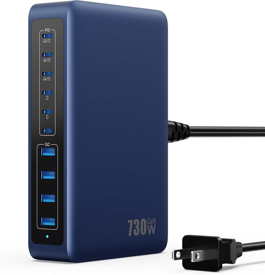 730W USB C Charger Block,10-Ports GaN V Fast Charging Station Hub,QC4.0+3 PD 100W Laptop Charger Wall Power Adapter for MacBook Pro/Air,DELL,iPhone 16/15/14/13,iPad,Galaxy S25,Pixel,Steam Desk-Navy