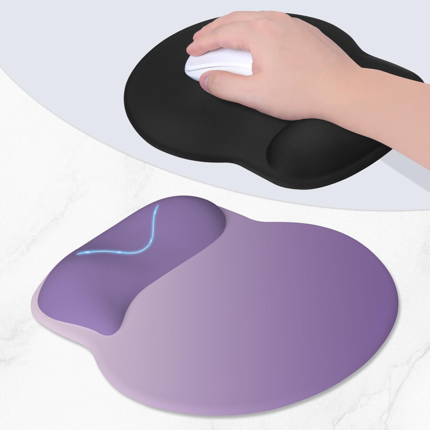 ITNRSIIET Ergonomic Mouse Pad with Wider Memory Foam Wrist Rest +17% - Curved Cushion Reduces Pressure 20%, Pain Relief, Non-Slip, Smooth, Cute Colors, 9.85 x 9 in, Lavender Fade