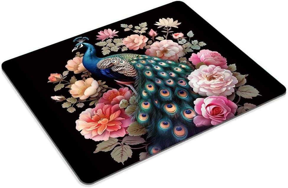 Square Mouse Pad Colorful Peacock with Floral Background-1,Gaming Mouse Pads for Desk,Soft Computer Waterproof Non-Slip Mouse Mat
